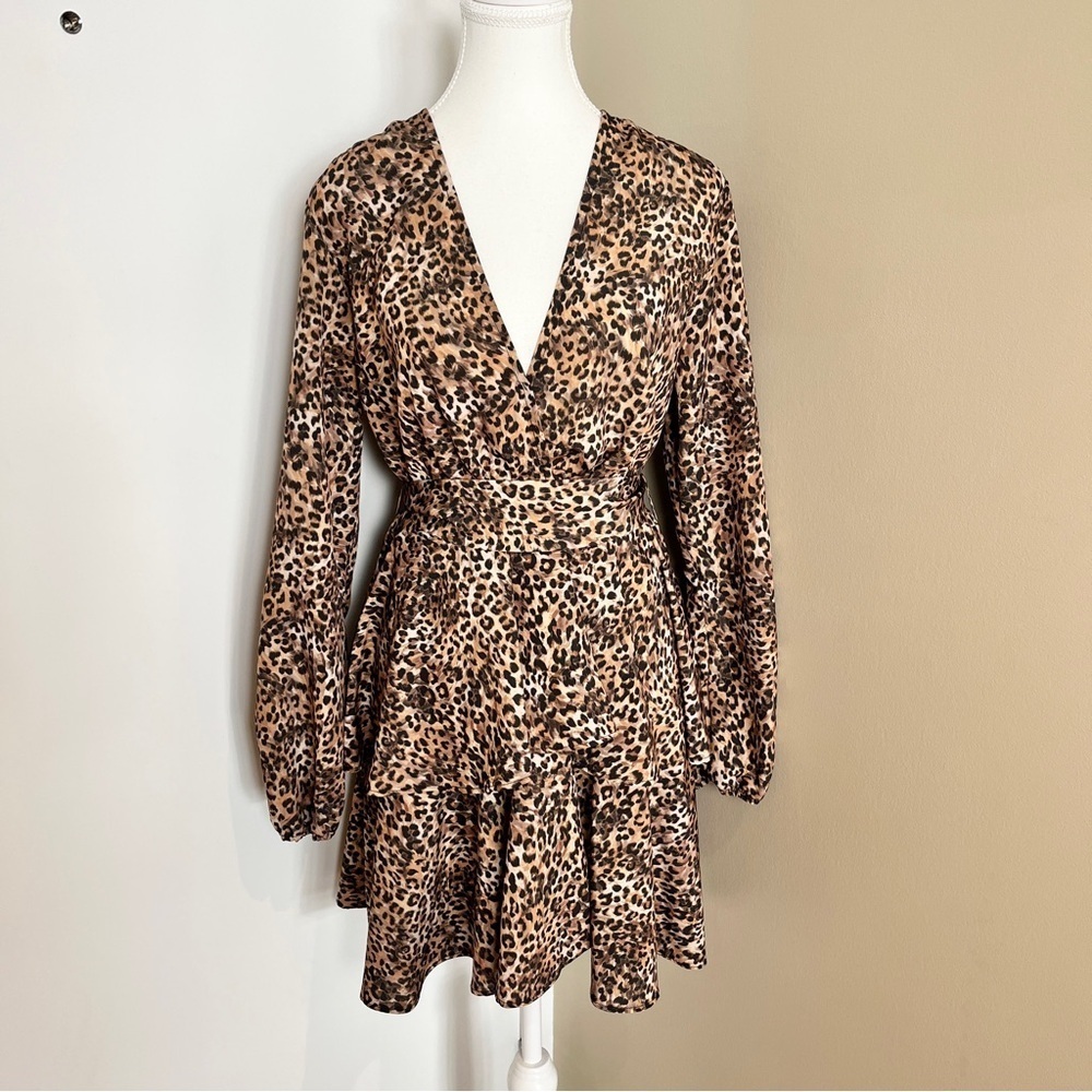 John Zack Leopard Print Skater Dress Plunge Neck Belted UK Made Size 10